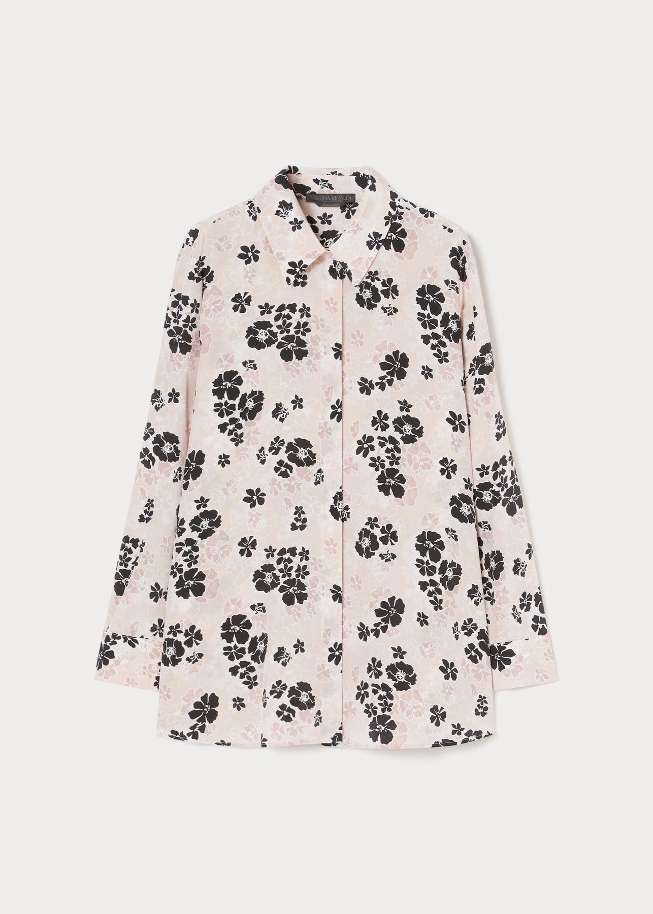front view of plus size Marina Rinaldi Navile Silk Crepe De Chine Long Sleeve Shirt in Pink Floral