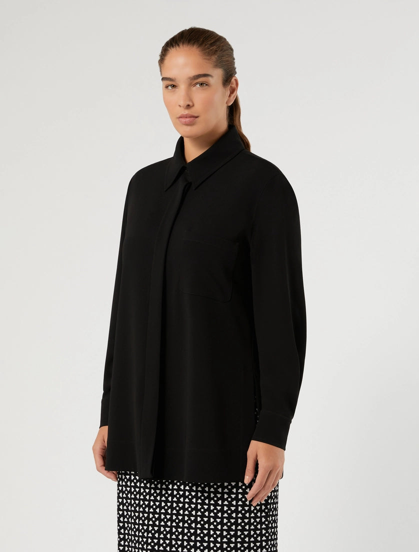 Black shirt jacket with pointed collar, button front, long sleeves
