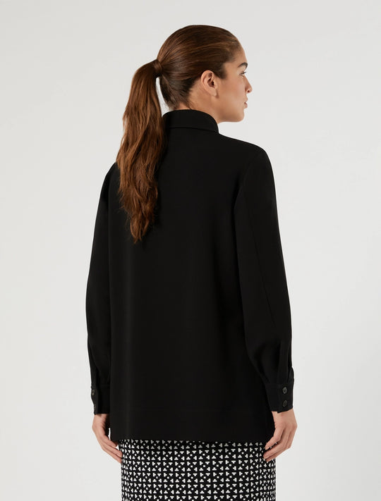 Black shirt jacket, back view, long sleeves and buttoned stand collar