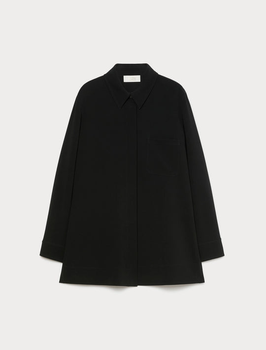 Black shirt jacket with pointed collar and button front, long sleeves