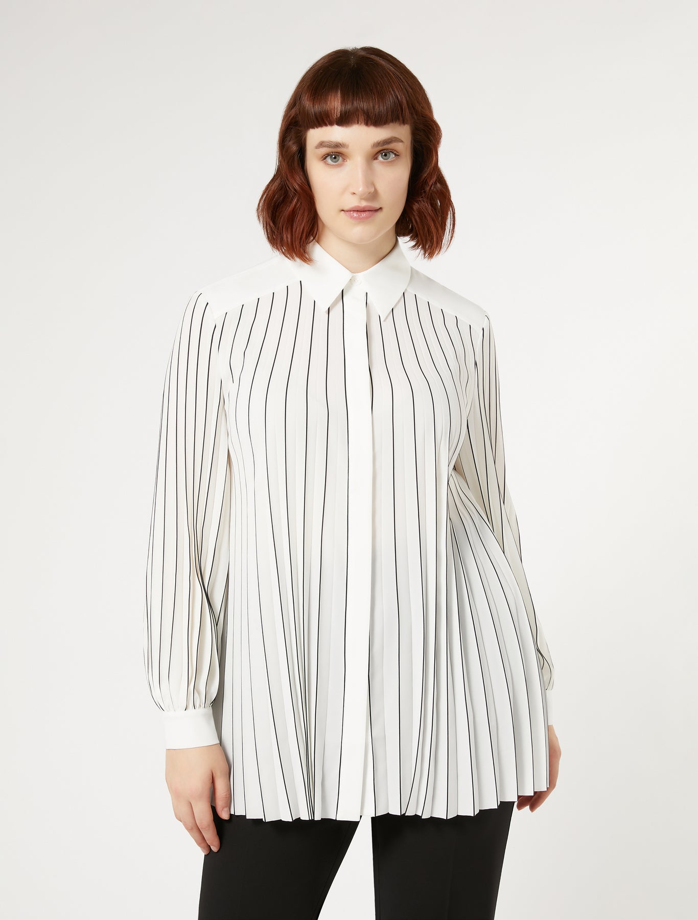 Marina Rinaldi Ola Crepe De Chine Blouse with Pleats and Stripes in White/Blk