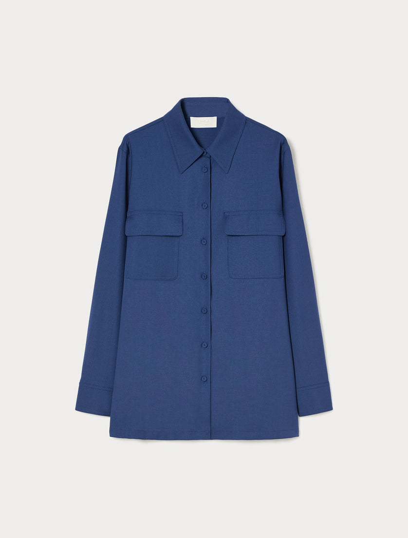 Blue long-sleeve button-front shirt jacket with dual chest patch pockets and classic collar