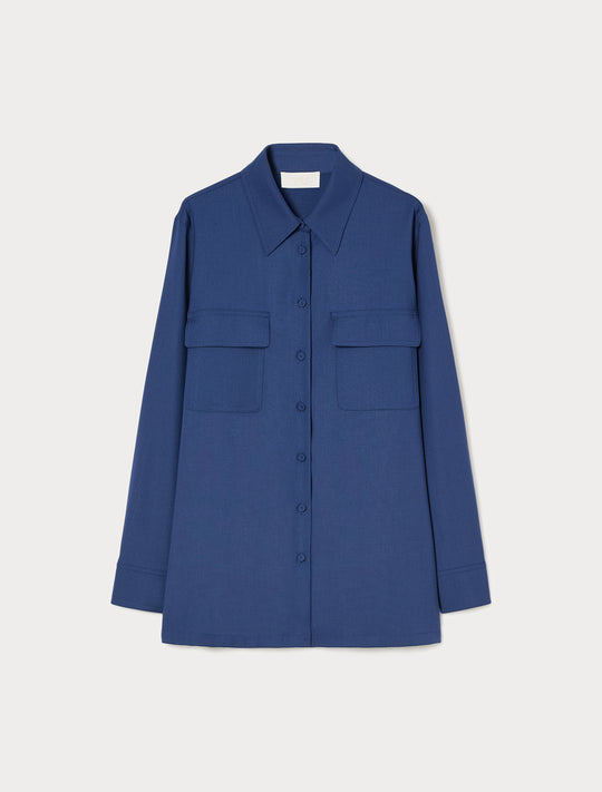 Blue long-sleeve button-front shirt jacket with dual chest patch pockets and classic collar