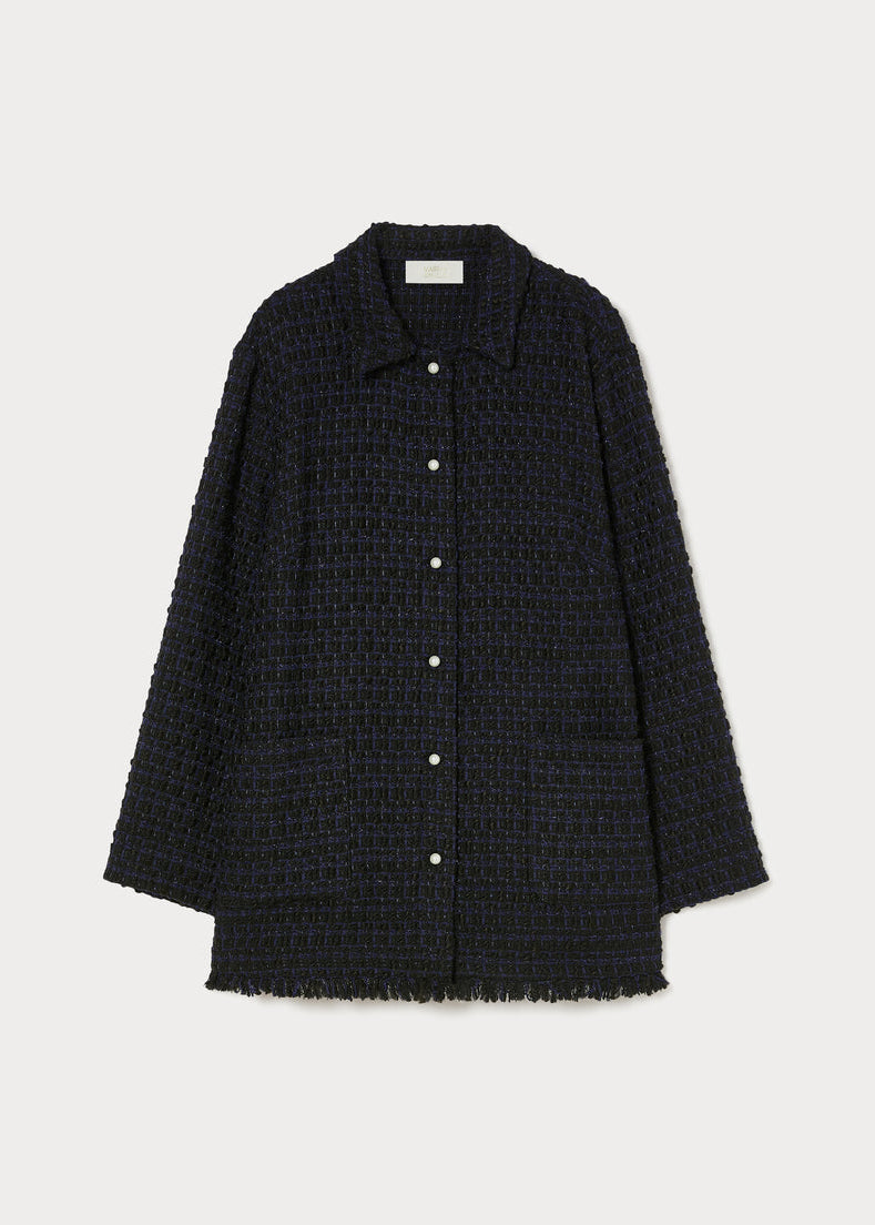 Marina Rinaldi Mrnariete textured blue/black jacket with pearl buttons and fringed hem