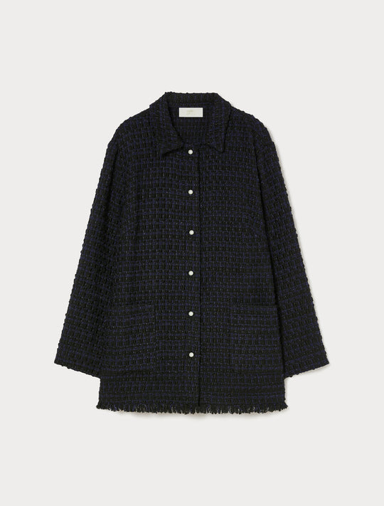 Oversized dark tweed jacket with pearl buttons, fringed hem, and patch pockets, front view