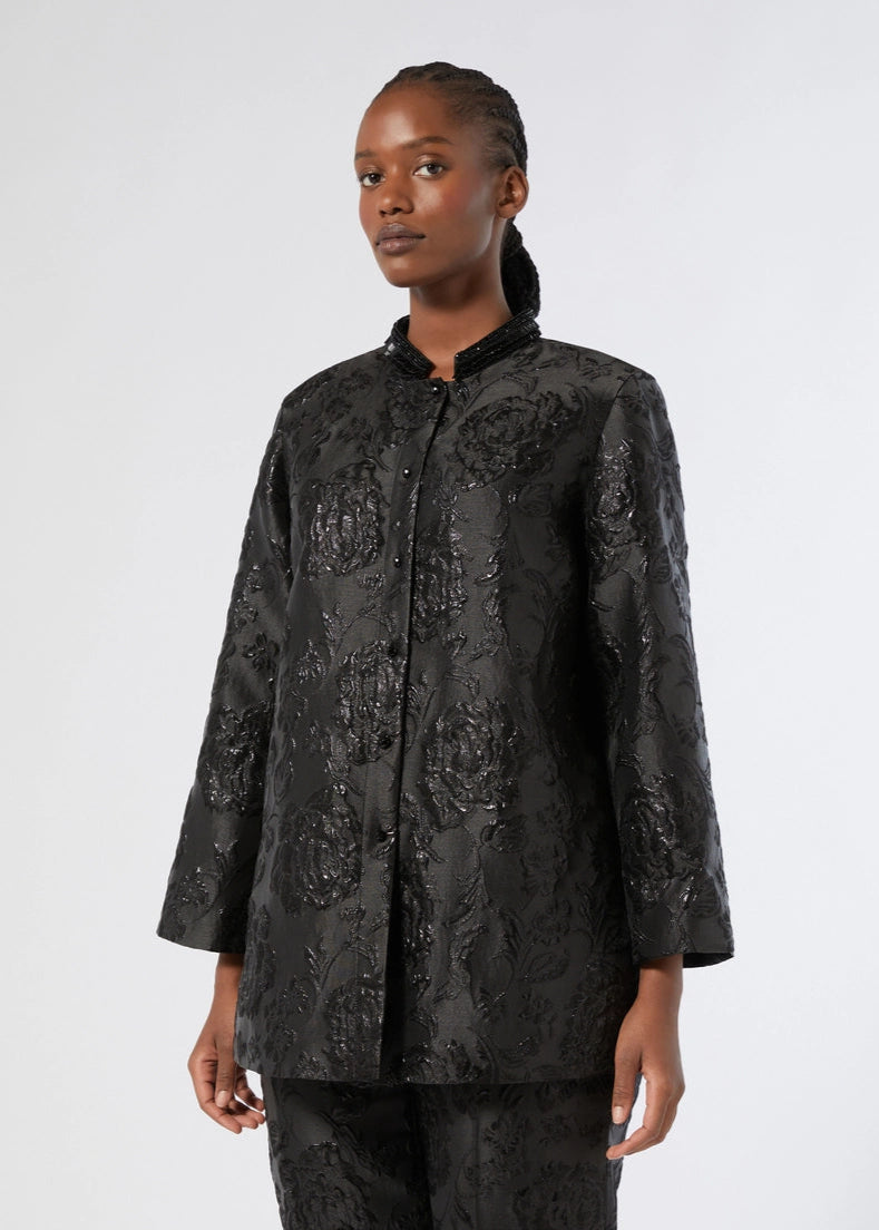 front view of plus size Marina Rinaldi Rupia Floral Tonal Jacquard Evening Jacket in Black
