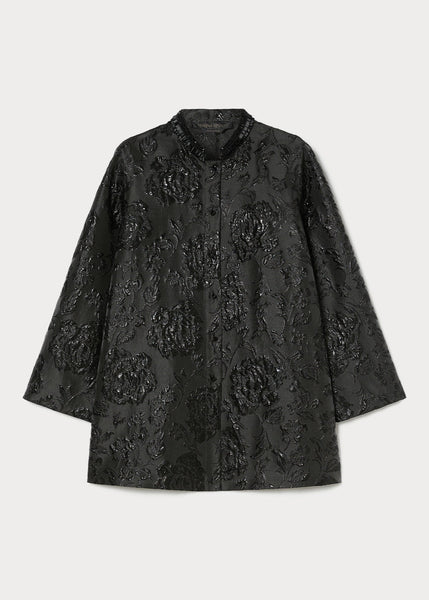 front view of plus size Marina Rinaldi Rupia Floral Tonal Jacquard Evening Jacket in Black