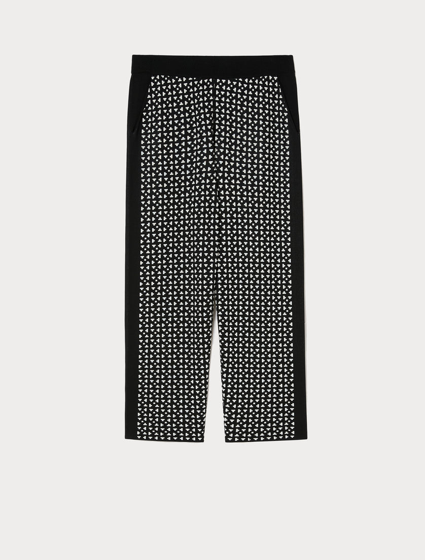 Marina Rinaldi comfort viscose pants, black base with white geometric pattern
