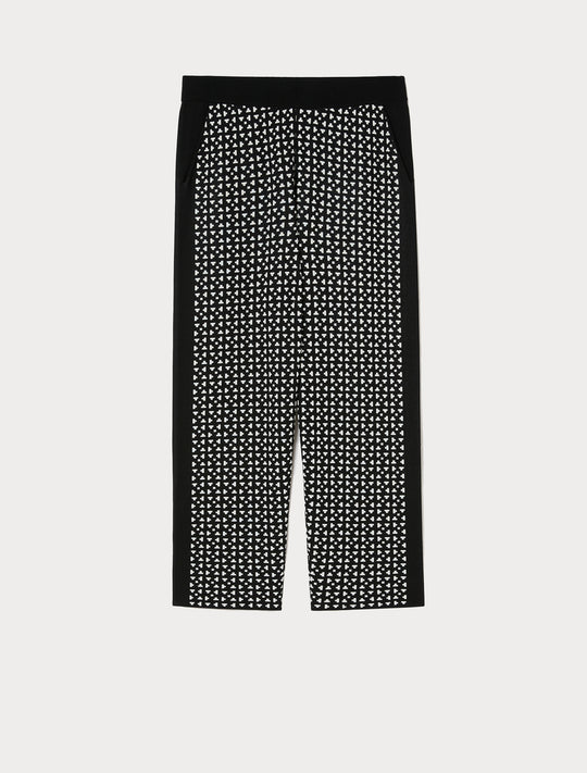Marina Rinaldi comfort viscose pants, black base with white geometric pattern