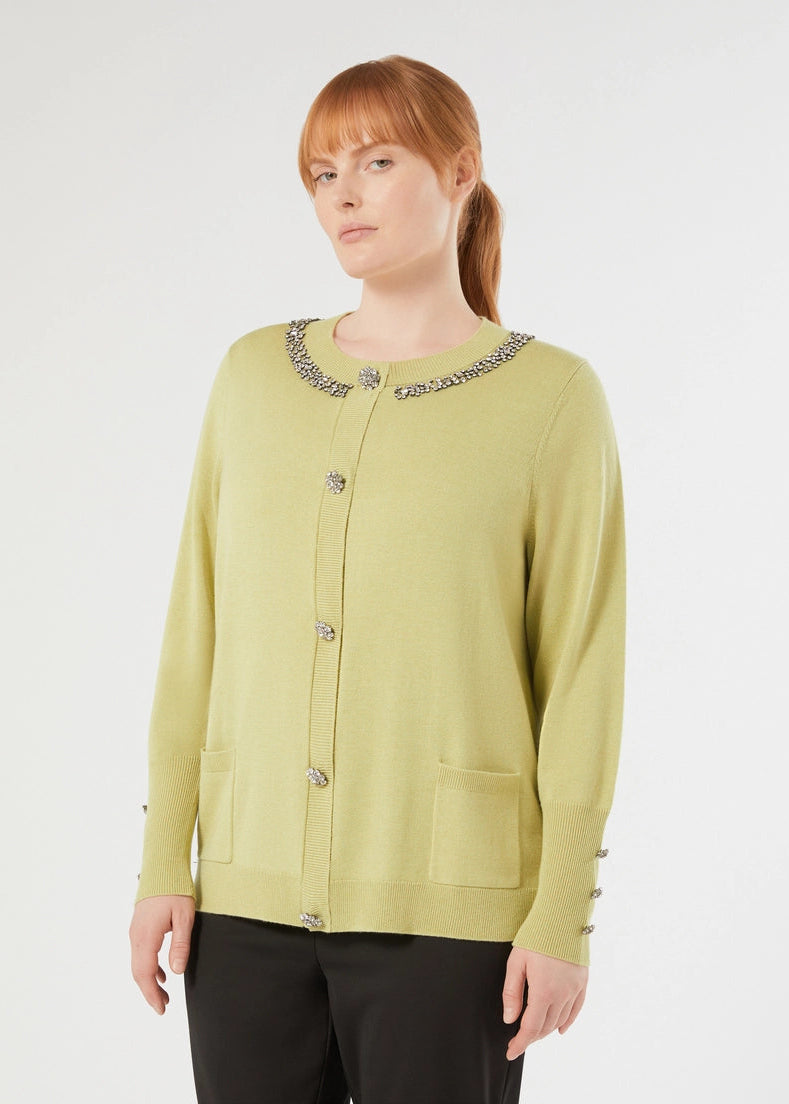 Front view of plus size Marina Rinaldi Orafo Silk Cashmere Blend Cardigan with Jewel Buttons and Neck in Lime