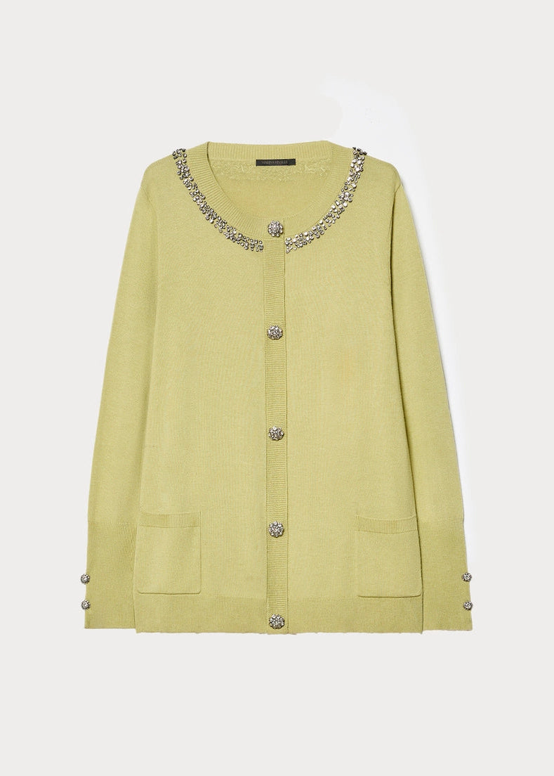 Front view of plus size Marina Rinaldi Orafo Silk Cashmere Blend Cardigan with Jewel Buttons and Neck in Lime