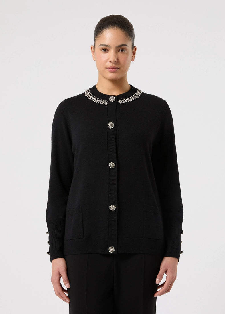 front view of plus size Marina Rinaldi Orafo Silk Cashmere Blend Cardigan with Jewel Buttons and Neck in Black