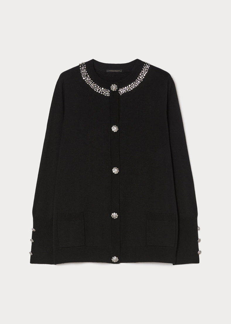 front view of plus size Marina Rinaldi Orafo Silk Cashmere Blend Cardigan with Jewel Buttons and Neck in Black