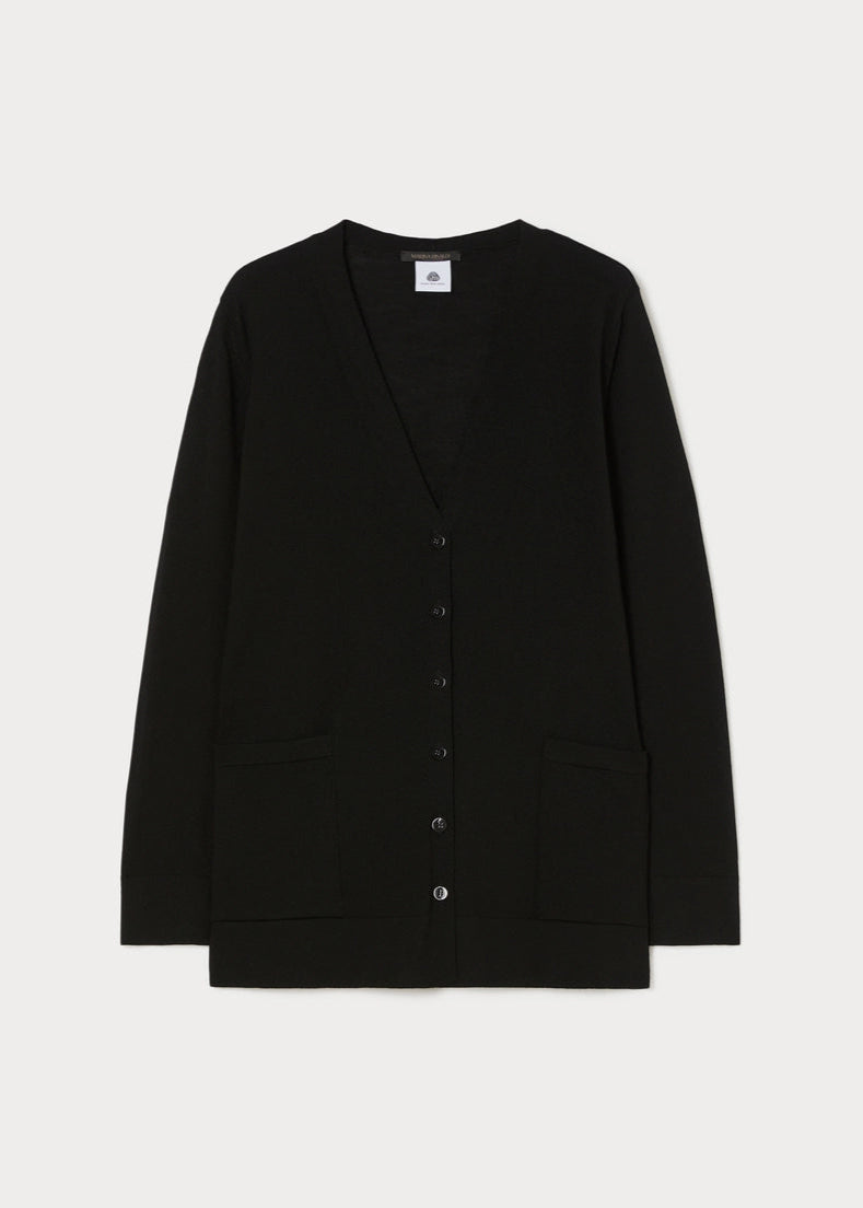 front view of plus size Marina Rinaldi Mais Extrafine Merino Wool Button Front Cardigan