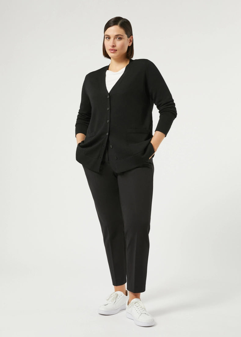 front view of plus size Marina Rinaldi Mais Extrafine Merino Wool Button Front Cardigan