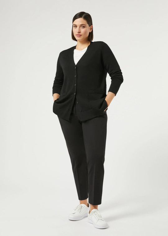 front view of plus size Marina Rinaldi Mais Extrafine Merino Wool Button Front Cardigan