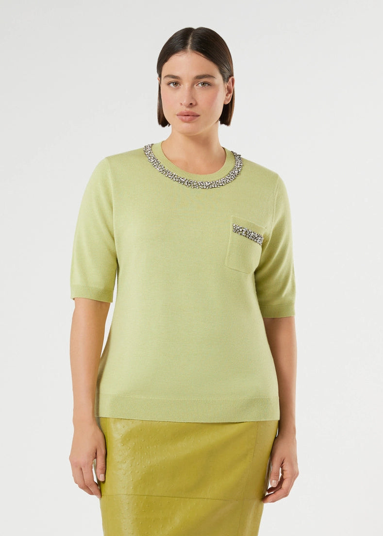 Front view of plus size Marina Rinaldi Moro Silk Cashmere Blend Short Sleeve Sweater with Beaded Neck in Lime