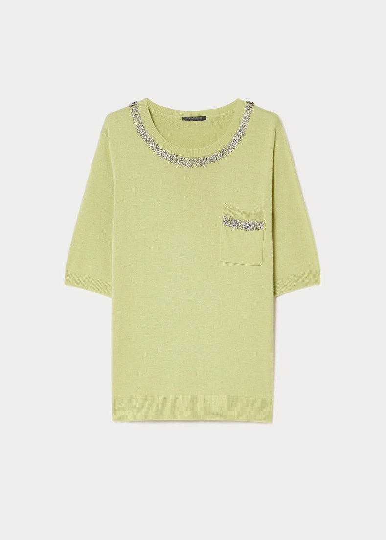 Front view of plus size Marina Rinaldi Moro Silk Cashmere Blend Short Sleeve Sweater with Beaded Neck in Lime