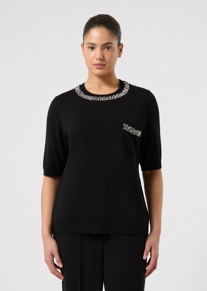 front view of plus size Marina Rinaldi Moro Silk Cashmere Blend Short Sleeve Sweater with Beaded Neck in Black