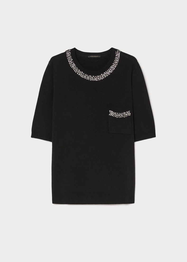 front view of plus size Marina Rinaldi Moro Silk Cashmere Blend Short Sleeve Sweater with Beaded Neck in Black