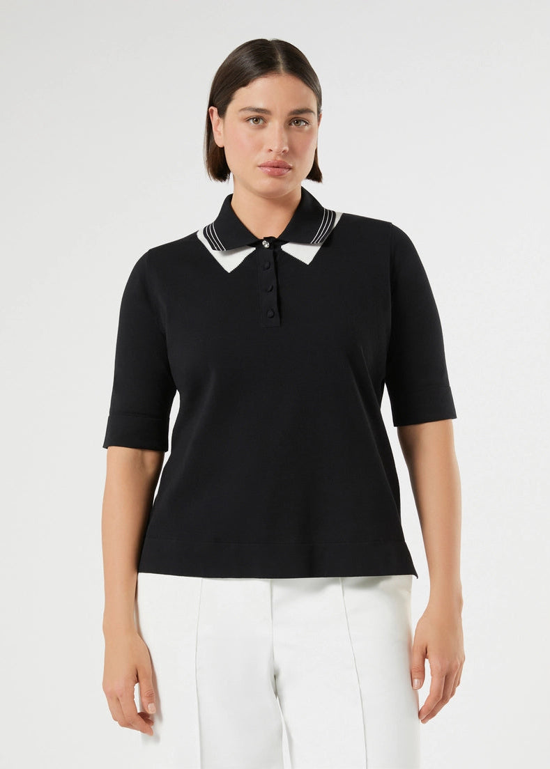 front view of plus size Marina Rinaldi Finito Double Contrast Collar Polo Sweater in Black and Off White