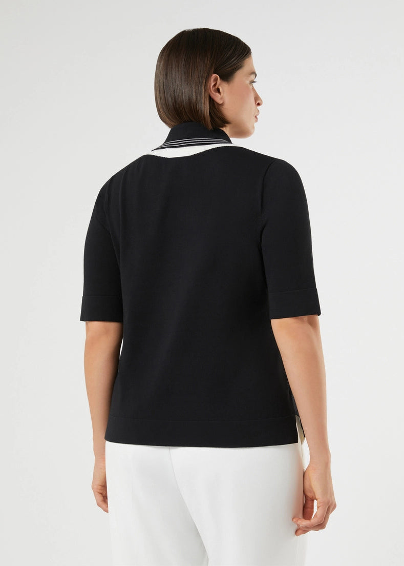 back view of plus size Marina Rinaldi Finito Double Contrast Collar Polo Sweater in Black and Off White