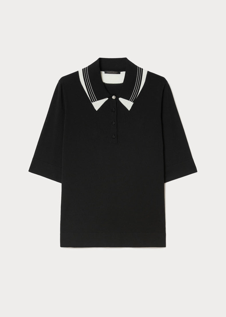 front view of plus size Marina Rinaldi Finito Double Contrast Collar Polo Sweater in Black and Off White