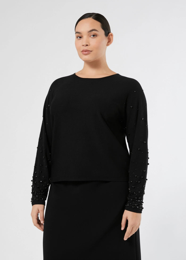 front view of plus size Marina Rinaldi Ravello Viscose Knit Pullover with Embroidery in Black