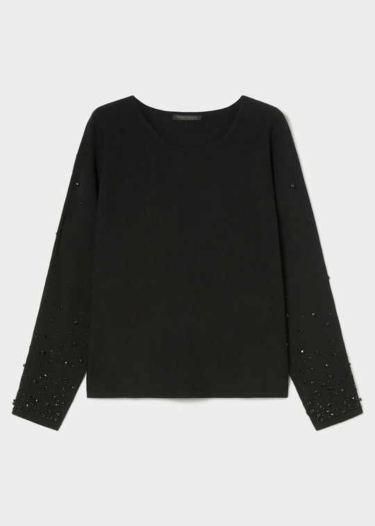 front view of plus size Marina Rinaldi Ravello Viscose Knit Pullover with Embroidery in Black