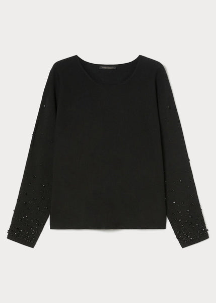 front view of plus size Marina Rinaldi Ravello Viscose Knit Pullover with Embroidery in Black
