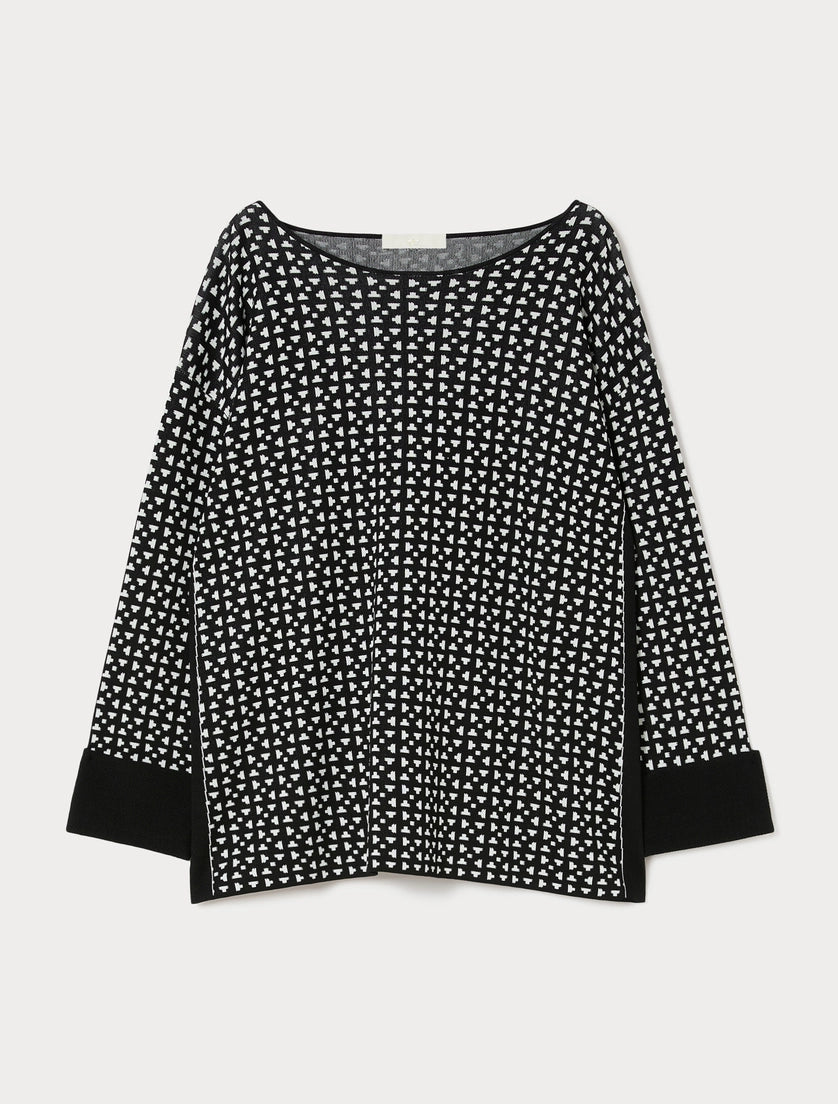 Black-and-white patterned viscose tunic with black cuffs and scoop neckline