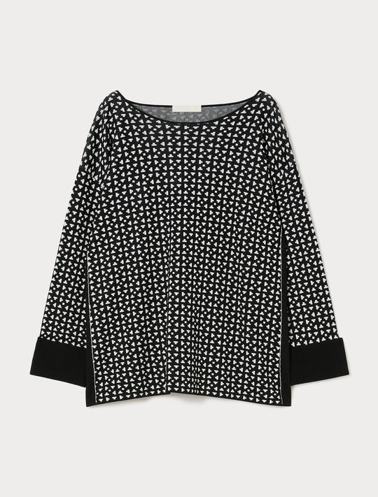 Black-and-white patterned viscose tunic with black cuffs and scoop neckline