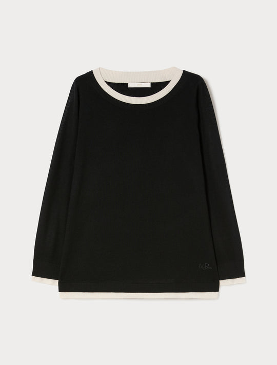 Black long-sleeve crewneck pullover with contrast cream ribbed collar and hem trim, flat lay view