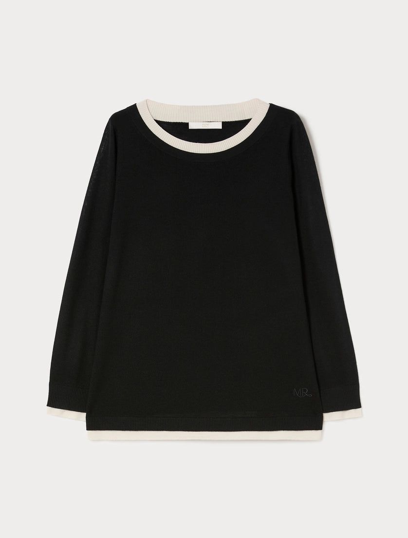 Black long-sleeve crew neck pullover with white ribbed collar and hem
