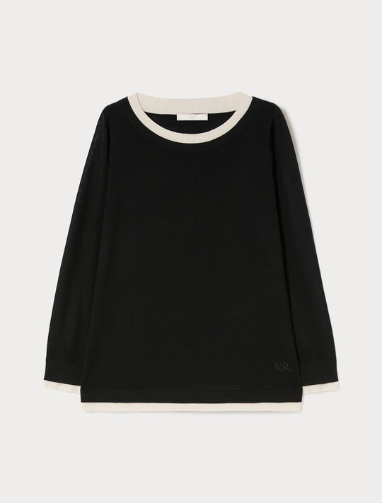 Black long-sleeve crew neck pullover with white ribbed collar and hem