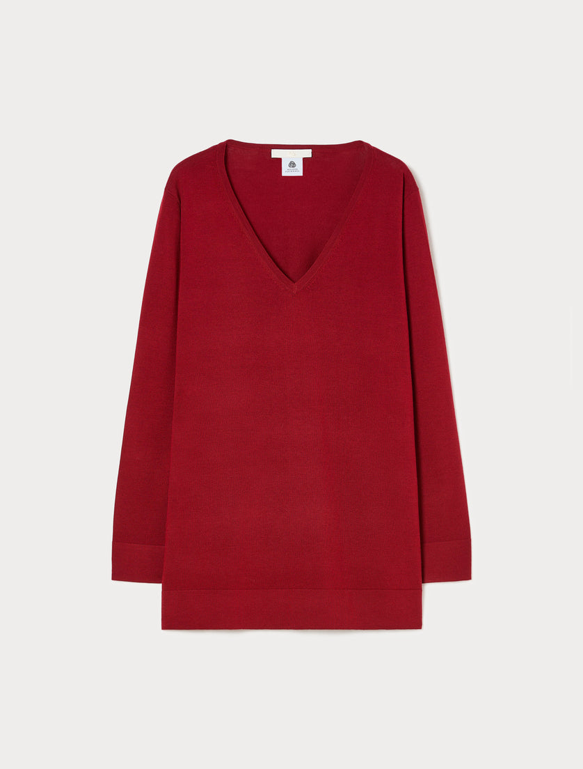 Red long-sleeve V-neck merino wool sweater, solid knit, relaxed fit