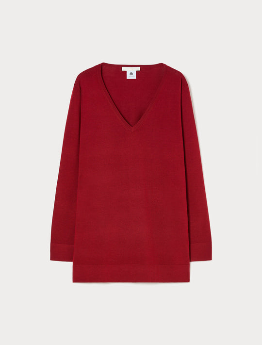 Deep red long-sleeve V-neck knit sweater laid flat, front view, relaxed fit