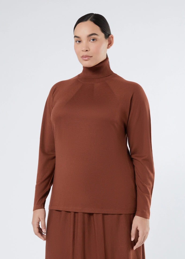 front view of plus size Marina Rinaldi Fatima Long Sleeve Extra fine Wool Cashmere Sweater in Camel