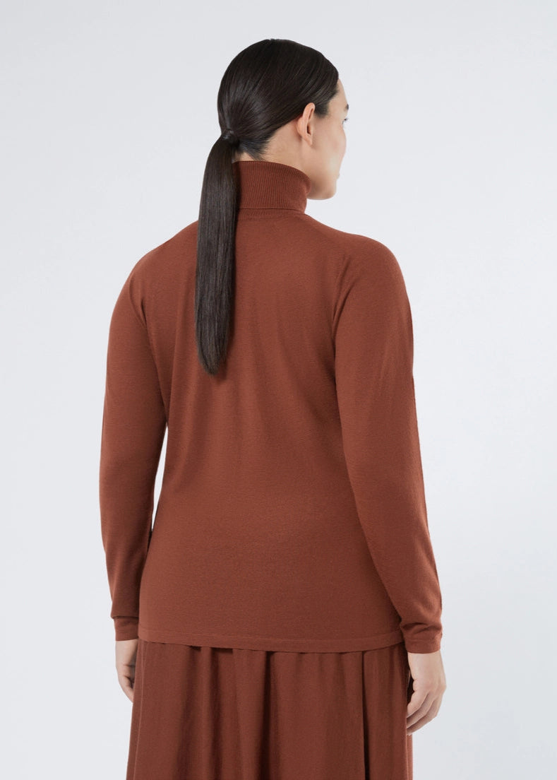 back view of plus size Marina Rinaldi Fatima Long Sleeve Extra fine Wool Cashmere Sweater in Camel