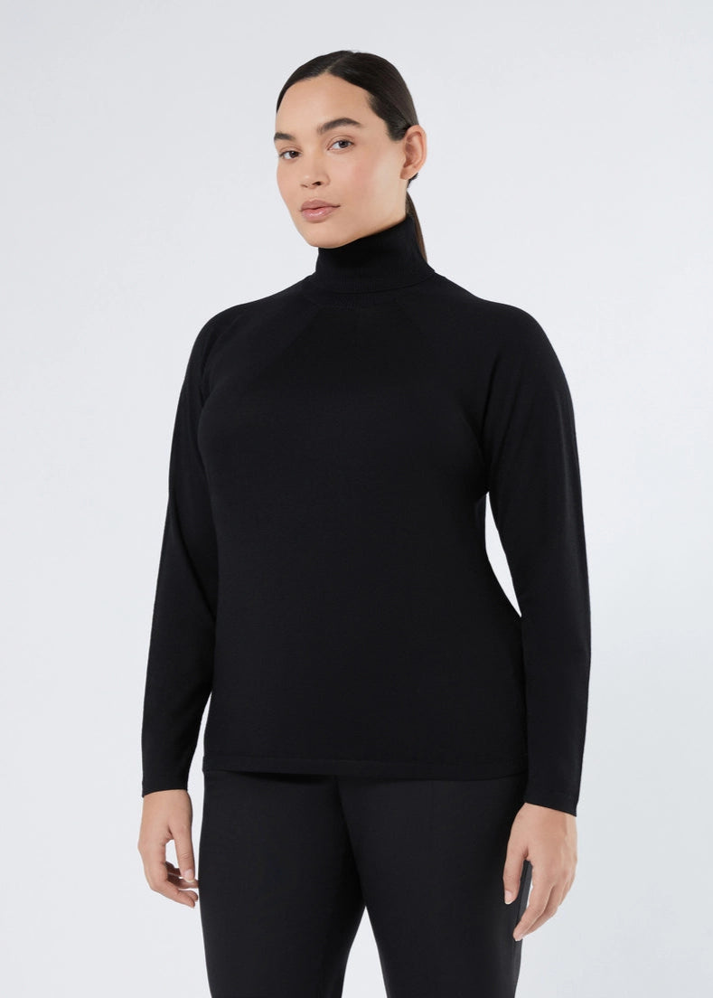 front view of plus size Marina Rinaldi Fatima Long Sleeve Extra fine Wool Cashmere Sweater in Black