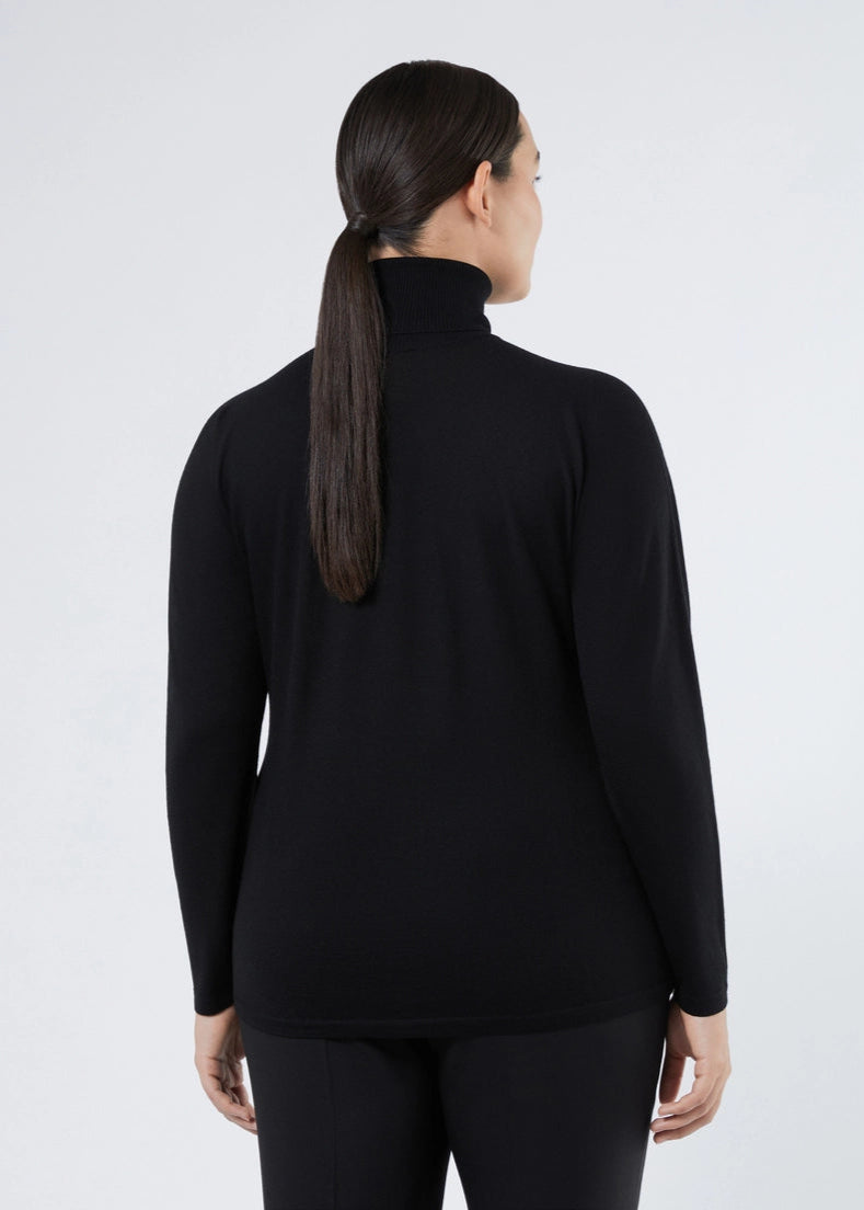 back view of plus size Marina Rinaldi Fatima Long Sleeve Extra fine Wool Cashmere Sweater in Black