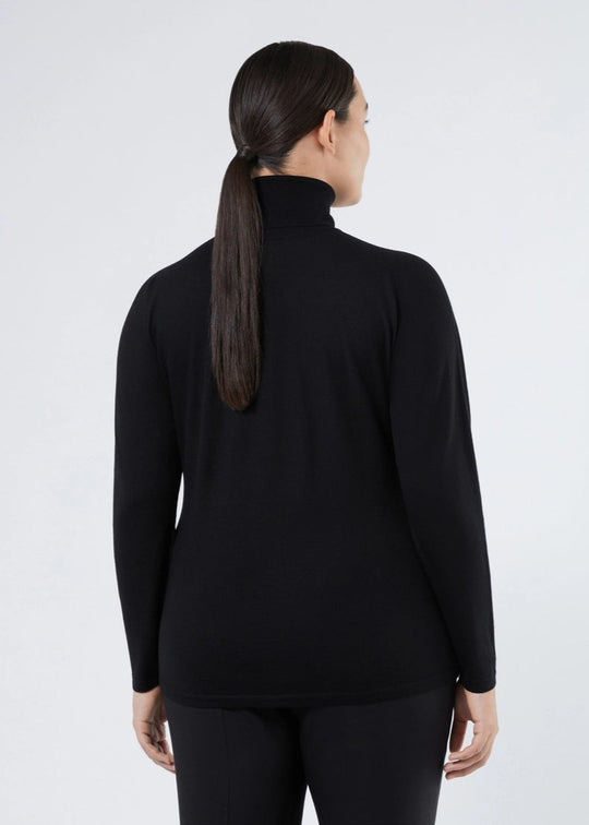 back view of plus size Marina Rinaldi Fatima Long Sleeve Extra fine Wool Cashmere Sweater in Black