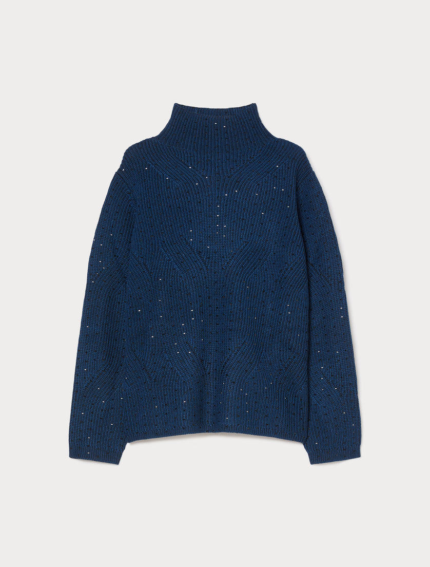 Cable-knit mock neck sweater with scattered metallic studs, laid flat, front view
