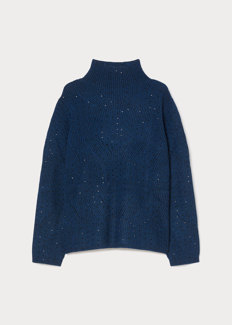 Marina Rinaldi blue knit mock neck sweater with heat-set stud details