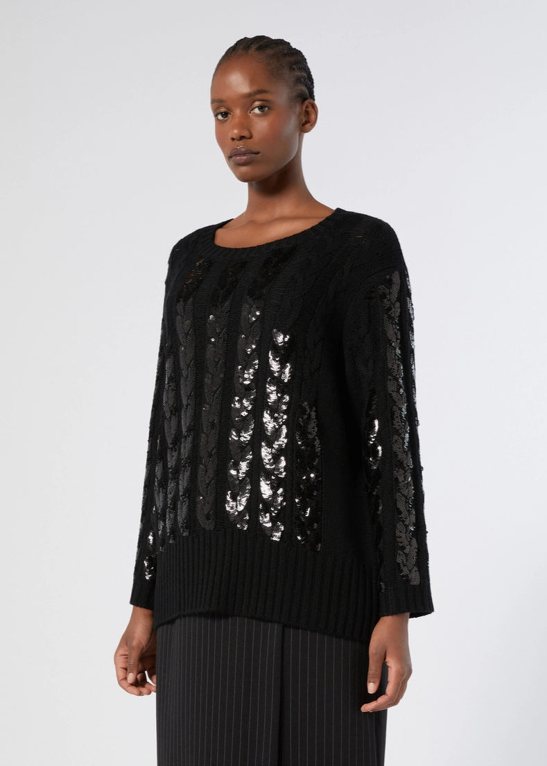 front view of plus size Marina Rinaldi Zac Wool Pullover with Paillettes in Black