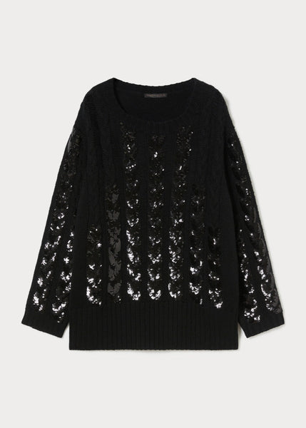 front view of plus size Marina Rinaldi Zac Wool Pullover with Paillettes in Black 