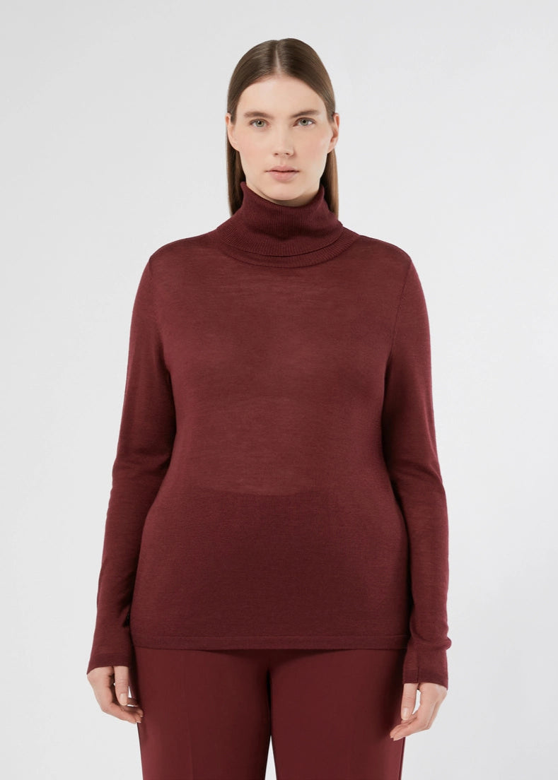 front view of plus size Marina Rinaldi Gondola Silk and Cashmere Long Sleeve Turtleneck in Bordeaux