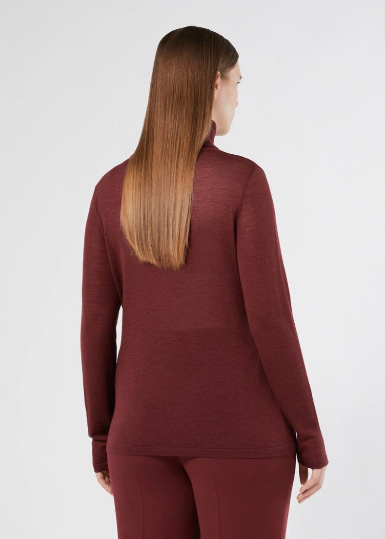 back view of plus size Marina Rinaldi Gondola Silk and Cashmere Long Sleeve Turtleneck in Bordeaux