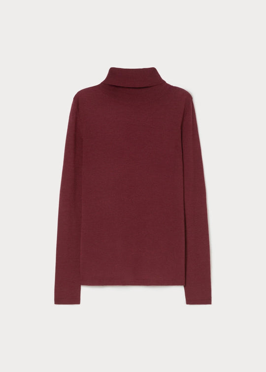 front view of plus size Marina Rinaldi Gondola Silk and Cashmere Long Sleeve Turtleneck in Bordeaux