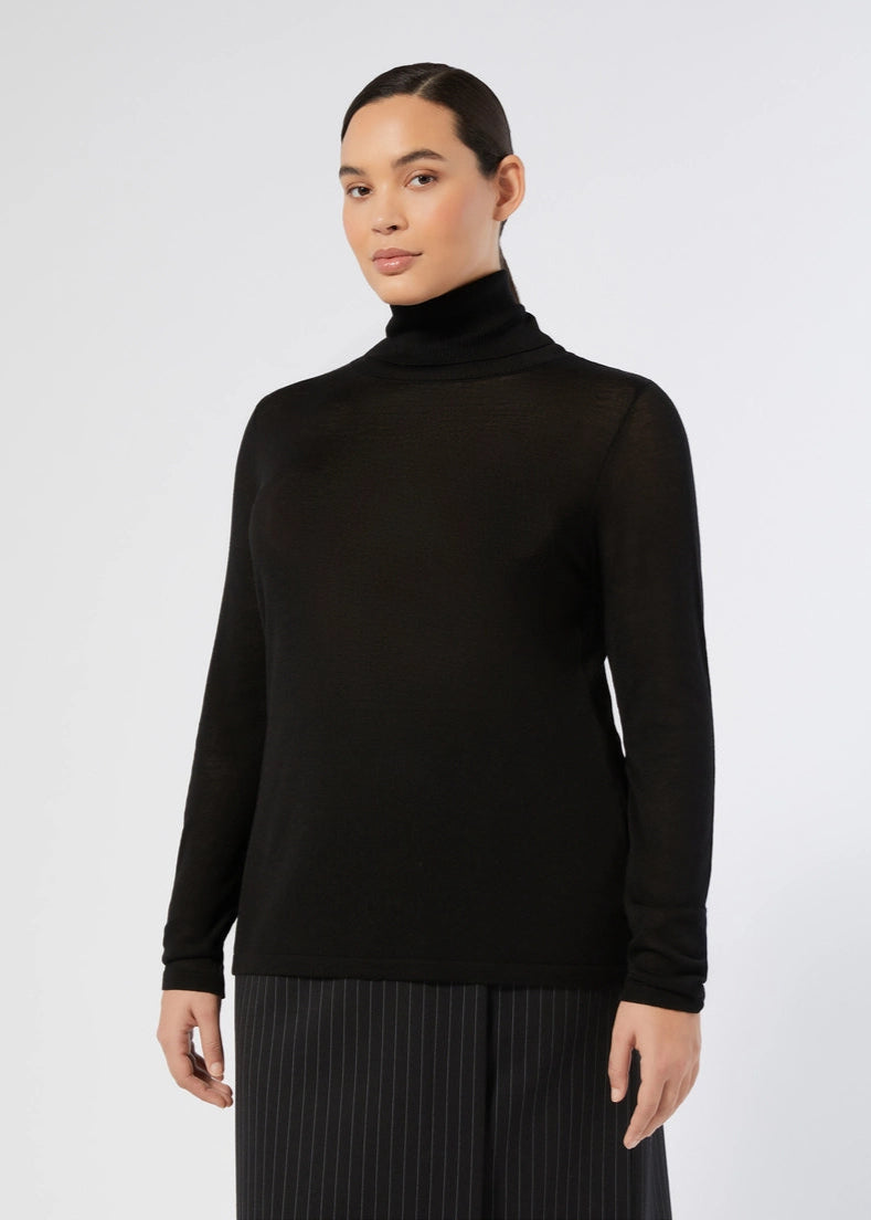 front view of plus size Marina Rinaldi Gondola Silk and Cashmere Long Sleeve Turtleneck in Black